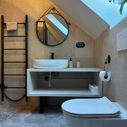 a bathroom with a sink and a toilet and a mirror at Srub Pleče in Železničné Stanice Jindřichov na Moravou