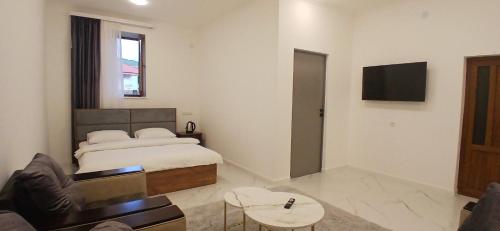 ein Schlafzimmer mit einem Bett, einer Couch und einem Fernseher in der Unterkunft Hotel SLY in Goris