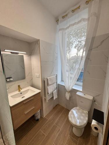 une salle de bain avec un lavabo et des toilettes et une fenêtre dans l'établissement La Perle, à Narbonne