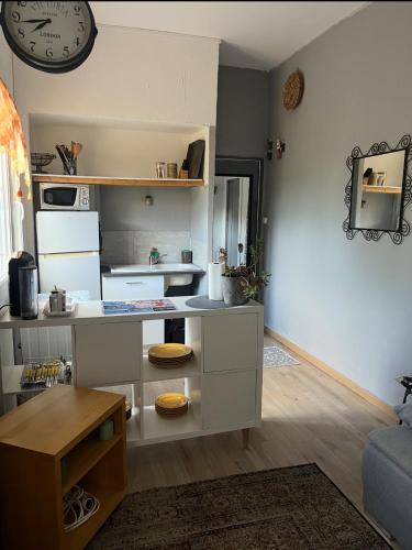 une petite cuisine avec un comptoir et un réfrigérateur dans l'établissement T2-terrasse coup de coeur, à Toulon