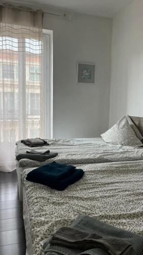 une chambre avec deux lits et une fenêtre dans l'établissement Two Bedroom Apartment near Old Town, à Nice