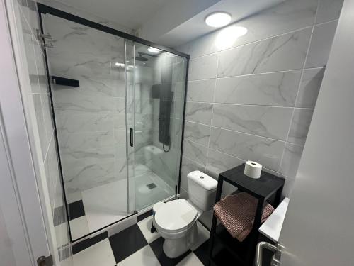 a bathroom with a shower and a toilet at Villa Luna in Corralejo
