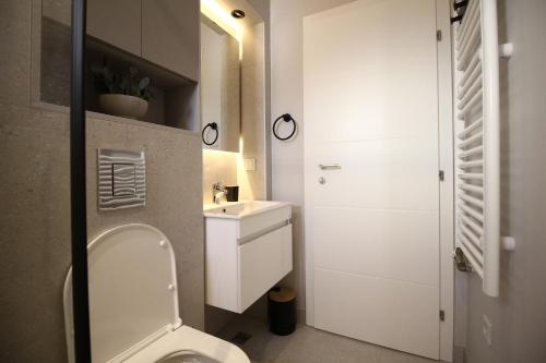 a small bathroom with a toilet and a sink at La Paloma Blanca in Tuzla