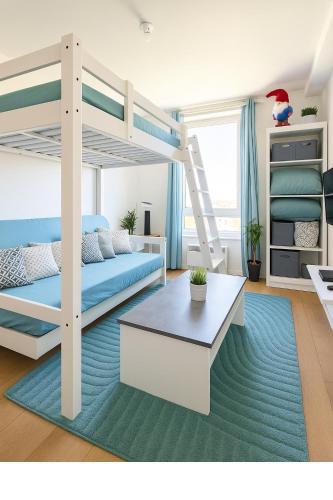 - une chambre avec des lits superposés et un lit bleu dans l'établissement Le Cocon - Vue panoramique Strasbourg - Wifi - Netflix, à Strasbourg