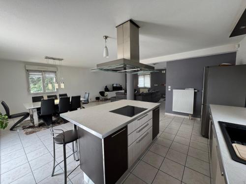 une cuisine avec un évier et une cuisinière four supérieur dans l'établissement Superbe F5 terrasse et jardin, à Staffelfelden