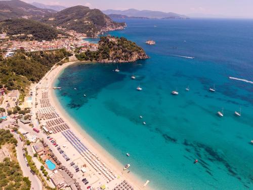 an aerial view of a beach with boats in the water at Elaia Modern Apartments in Agía Kyriakí