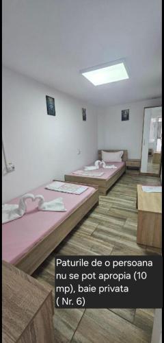 a room with three beds with pink sheets at Sîrbu Orsova in Orşova