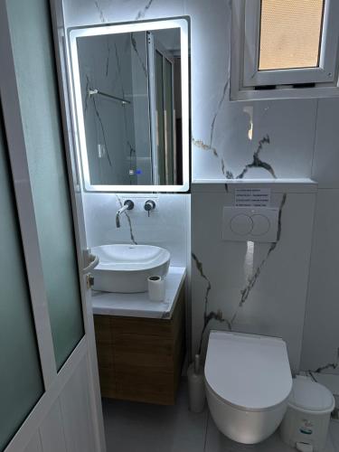 a bathroom with a sink and a toilet and a mirror at Vila Rapo in Himare