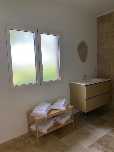 a bathroom with a sink and a counter and two windows at Le gîte de Serrières in Boisset