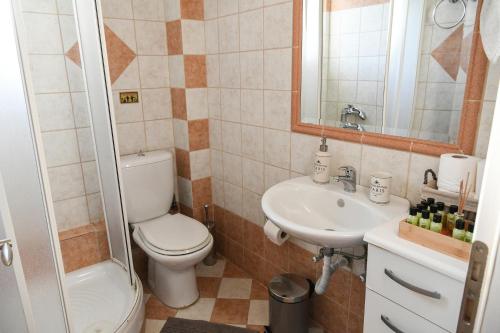 a bathroom with a toilet and a sink at Corinthian Green Villa in Vrahati