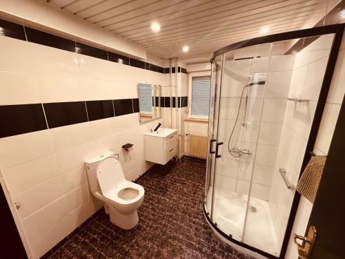 une salle de bain avec toilettes et douche dans l'établissement La Suite Mulhouse, à Mulhouse