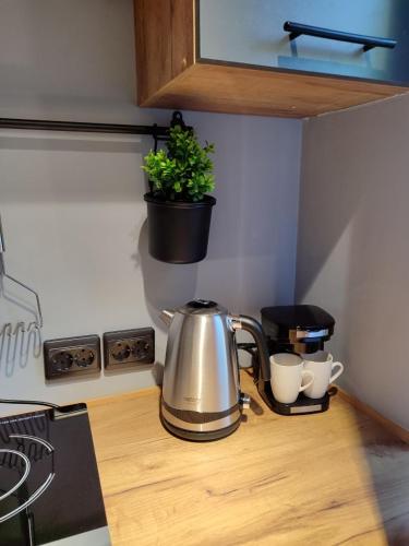 a tea kettle on a kitchen counter with two cups at Kosmonaudi Apartment in Narva