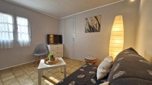 un salon avec un canapé et une table dans l'établissement St Georges de Didonne - AGREABLE PETITE MAISON avec COUR - 1 Chambre, à Saint-Georges-de-Didonne