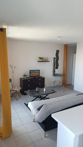 un salon avec un lit et une table dans l'établissement T2 Lumineux et parking, à La Rochelle