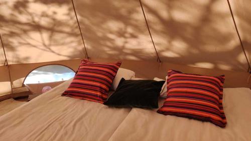 a bed with two red and black striped pillows on it at Sälstationen - The seal station 