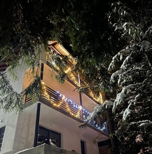 a house with christmas lights on the side of it at Apartman Flora Vlasic in Vlasic