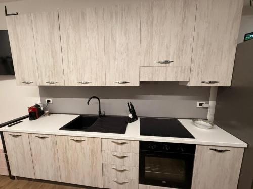 a kitchen with a sink and wooden cabinets at Casa al Mare Civitanova Marche in Civitanova Marche