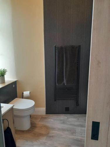 a bathroom with a toilet and a window with a towel at Outlander 4 Apartment Doune in Stirling
