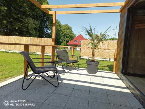 two chairs and a potted plant on a patio at Domek letniskowy Osieki Parkowa in Osieki