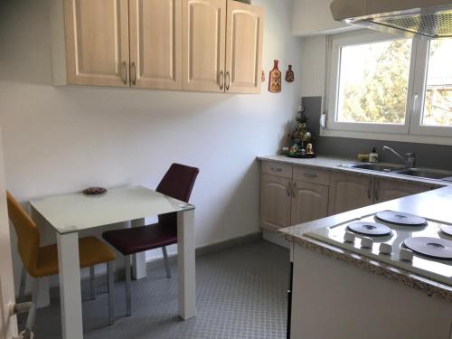 - une cuisine avec une table blanche et un comptoir dans l'établissement Chez Elena, à Brunstatt