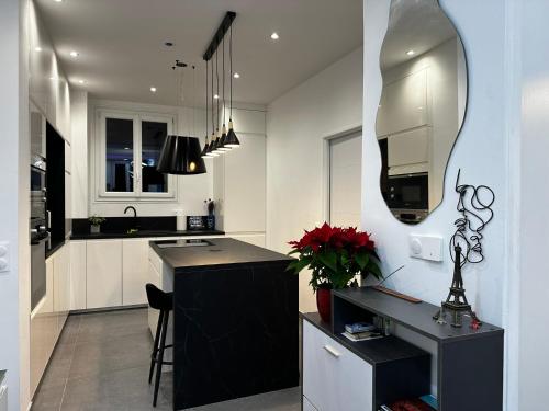 La cuisine est équipée d'un comptoir, d'un évier et d'un miroir. dans l'établissement Chic Renovated 2 Bedroom entire apartment or only Private Rooms in Liberation in Nice with Garage on demand, AC, Wi-Fi and Tram Access, à Nice