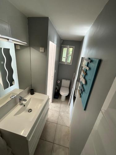une salle de bain avec un lavabo blanc et des toilettes dans l'établissement Cap D Agde Roquille Clim 2 pers bord de mer, au Cap d'Agde
