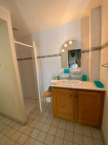 une salle de bain avec un lavabo et une douche dans l'établissement Gîte Lou Clapas dans village perché du Parc des Grands Causses, à Nant