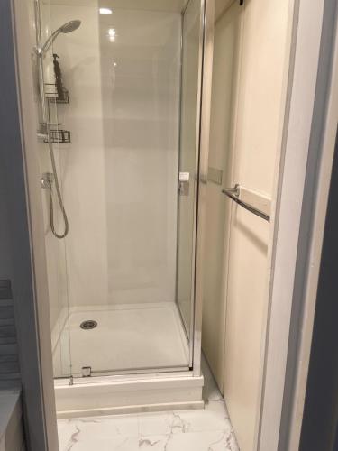 a shower with a glass door in a bathroom at Close Motorway,Free Breakfast,Private & Spacious in Auckland