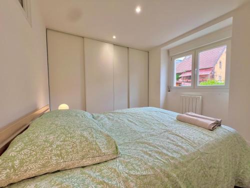 1 dormitorio con 1 cama con edredón verde y ventana en T3 centre-ville et terrasse, en Bonneville