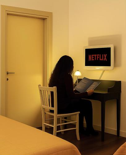 a woman sitting at a desk with a laptop at La Dimora degli Artisti in Pescara