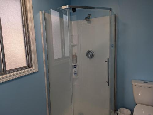 a shower with a glass door in a bathroom at Calgary Star Cozy Home in Calgary