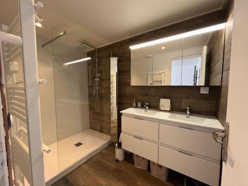 une salle de bain avec un lavabo, une douche et un miroir dans l'établissement Charmant 2 pièces à Sète avec balcon et climatisation - FR-1-338-625, à Sète
