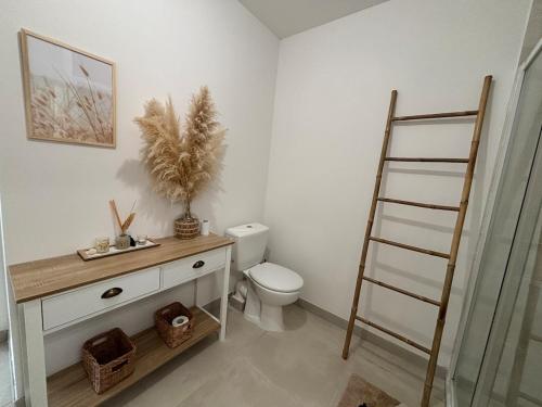 La salle de bains est pourvue de toilettes blanches et d'une échelle. dans l'établissement Cozy cocoon 2-bedroom apartment, à Agde