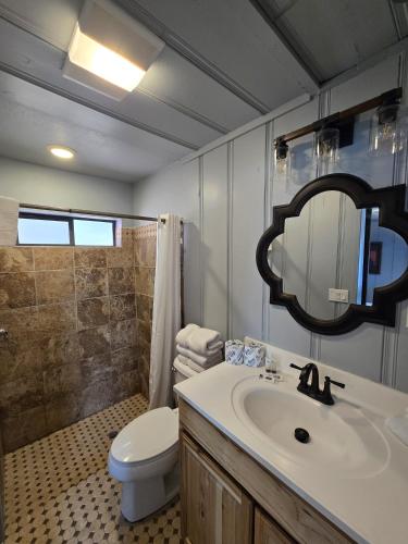 a bathroom with a sink and a toilet and a mirror at Lumbermen's Village in Pinetop-Lakeside