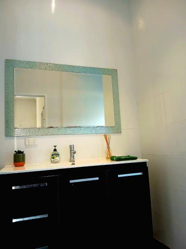a bathroom with a sink and a mirror at Cozy and Peaceful home surrounding by cafes and restaurants in Perth