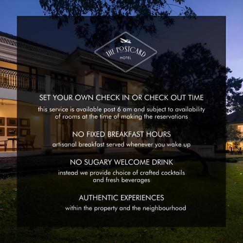 a flyer for a hotel with a sign that reads stir your own check in or at The Postcard Cuelim, Goa in Cansaulim