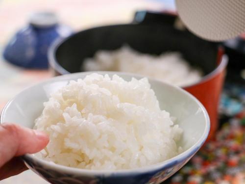 a person holding a bowl of white rice at サンバレーひぐち in Muikamachi