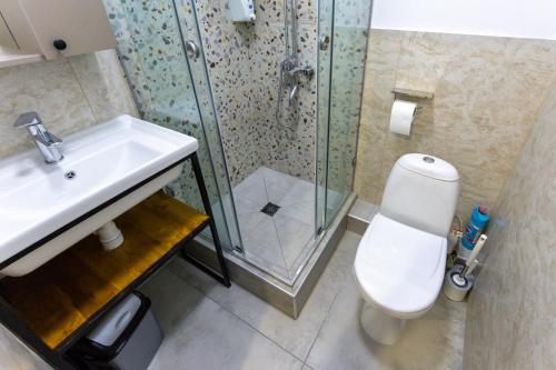 a bathroom with a shower and a toilet and a sink at 1 room apartment CITY PLUS 1 in Almaty