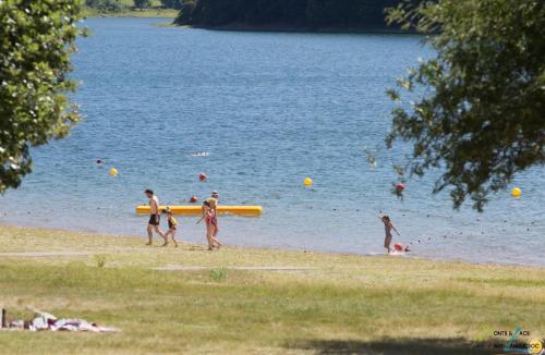 a group of people on a beach with a surfboard at Magnifique Gîte 4 à 10 personnes in Nages
