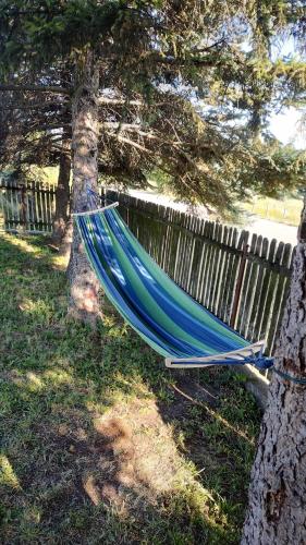 a blue hammock hanging from a tree next to a fence at Šumarev konak in Valjevo