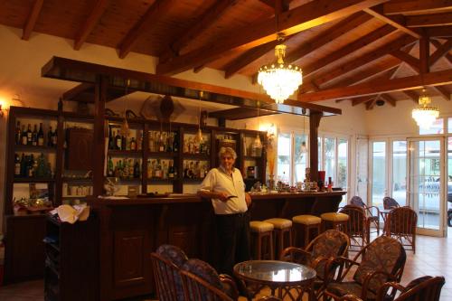 a woman standing at a bar in a restaurant at Violetta Hotel in Amoudara Herakliou