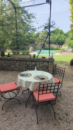 een tafel met twee stoelen en een tafel met een witte tafeldoek bij La villa des figuiers in Saint-Bonnet-du-Gard