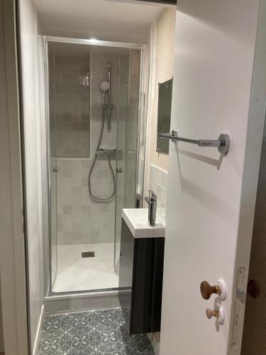 une salle de bain avec douche et lavabo dans l'établissement City center Old port La Rochelle, à La Rochelle