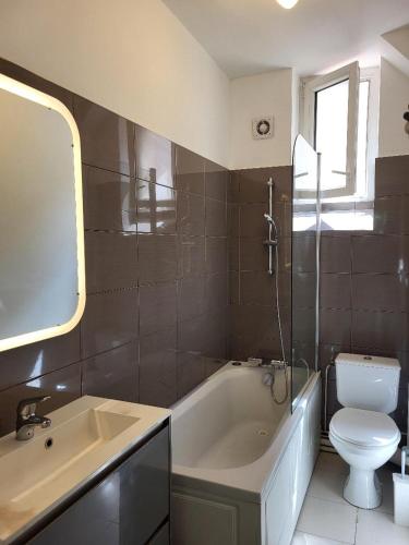 une salle de bain avec une baignoire, des toilettes et un lavabo dans l'établissement Renovated apartment, quiet, à Lyon