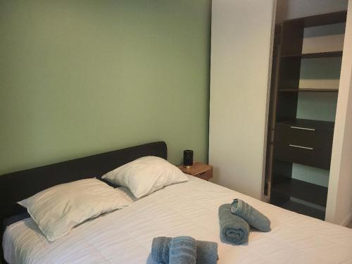 une chambre avec un lit avec deux serviettes dessus dans l'établissement Renovated apartment, quiet, à Lyon