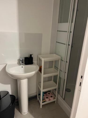 une salle de bain blanche avec un lavabo et une douche dans l'établissement Studio 2-4 personnes, à Marseille