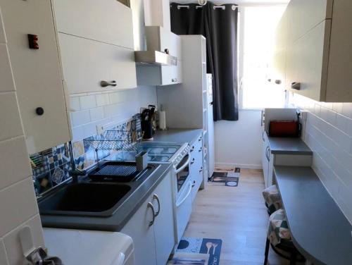 une cuisine avec un évier et une cuisinière dans l'établissement Le Cosy Corse, à Vico