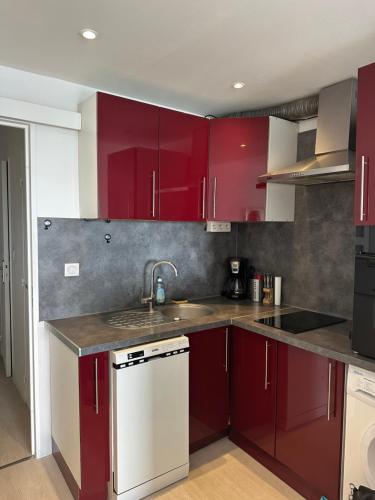une cuisine avec des armoires rouges et un évier dans l'établissement Appartement vue mer CALIFORNIE PROMENADE DES ANGLAIS, à Nice