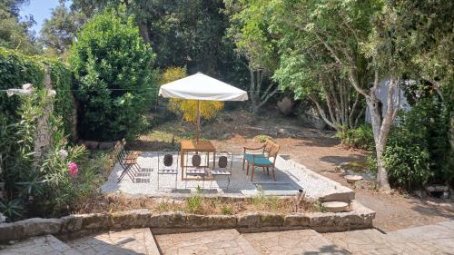 a patio with an umbrella and a table and chairs at Guest House Nuraghe Majori in Tempio Pausania