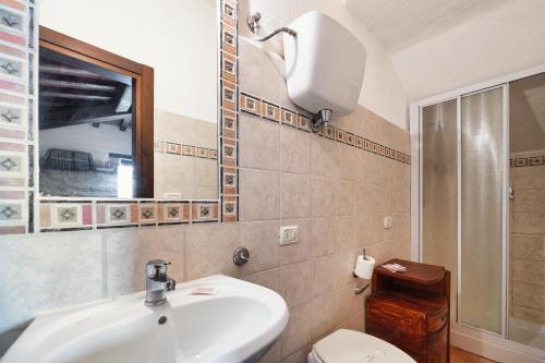 a bathroom with a sink and a toilet and a mirror at Girasole - Agriturismo Fogliani in Giano dellʼUmbria